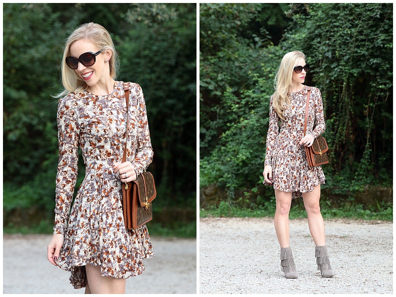 H&M long sleeve floral dress, Chinese Laundry suede fringe booties