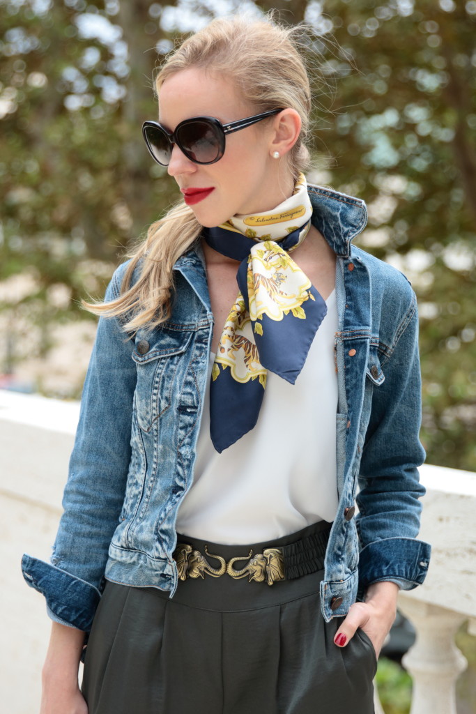 Welcome to the Jungle: Denim jacket, Silk scarf & Tapered pants