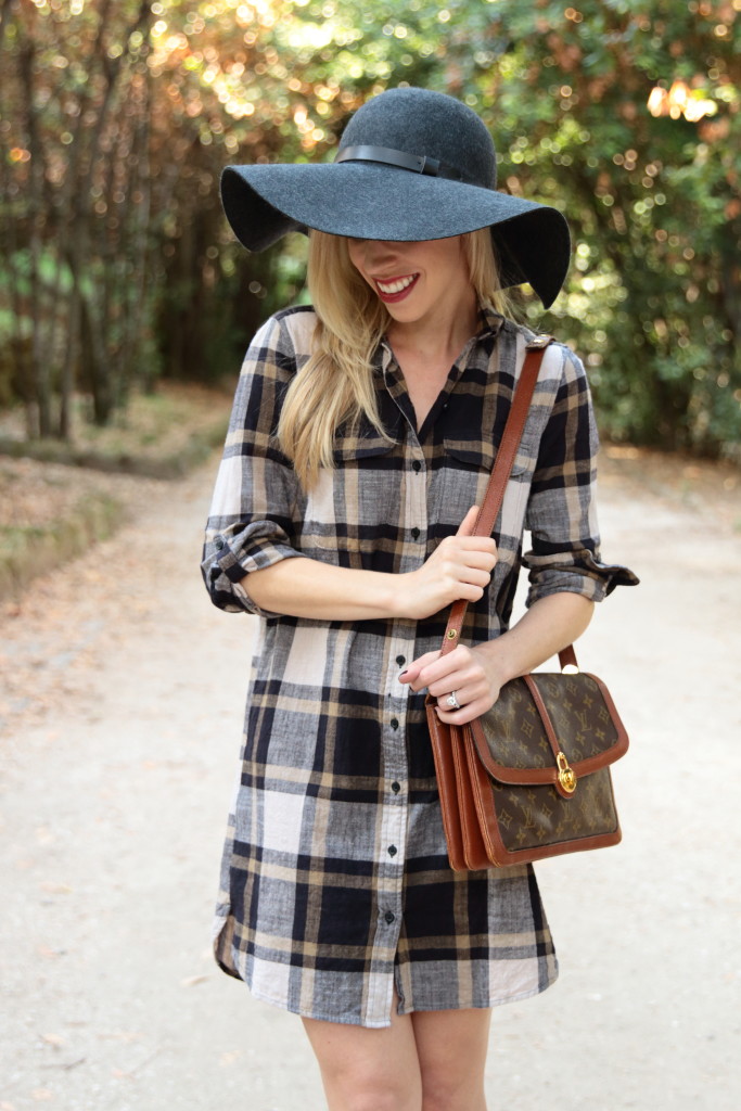 LOFT plaid shirt dress, gray wool floppy hat, plaid dress fall