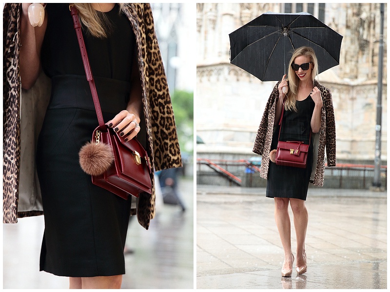 Michael Kors fur keychain, Saint Laurent oxblood High School satchel,  leopard coat with pencil skirt, black red and leopard outfit - Meagan's Moda