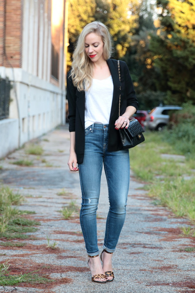 black boyfriend blazer with white tee, 7 for all mankind high