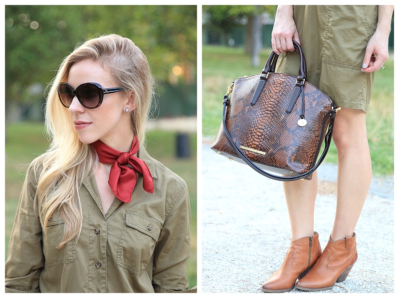 red silk neck tie, Brahmin large Duxbury satchel snakeskin, Frye Reina  camel leather western bootie - Meagan's Moda