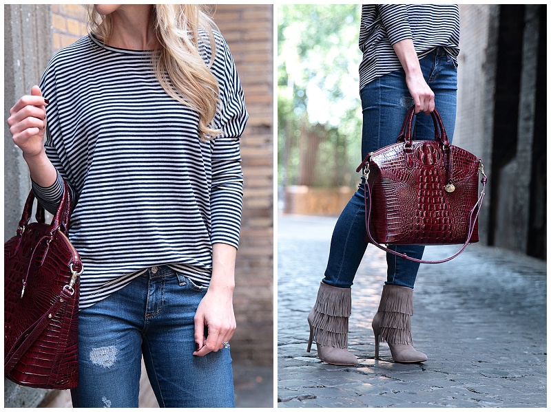 Brahmin large Duxbury black cherry melbourne, LOFT striped dolman tee,  skinny jeans with fringe booties, burgundy handbag outfit - Meagan's Moda