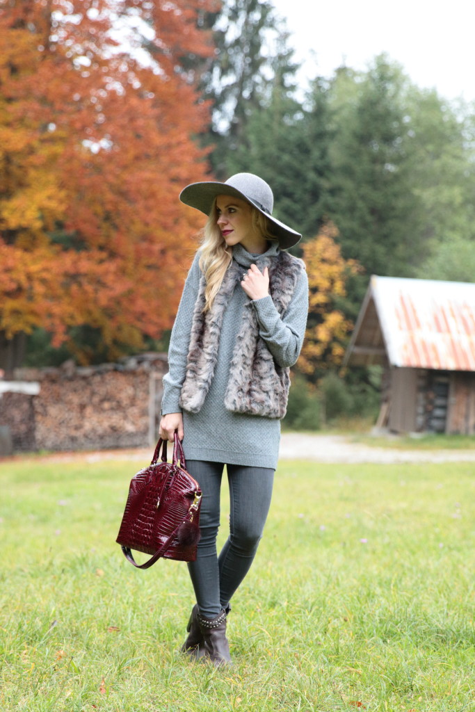 all gray outfit, gray faux fur vest, Brahmin burgundy black cherry handbag,  Frye studded booties, floppy hat with fur vest outfit, fall in Garmisch  Germany - Meagan's Moda