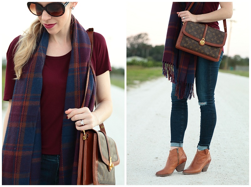 Frye Reina camel leather western booties, Louis Vuitton vintage Passy bag,  SheIn burgundy plaid scarf, plaid scarf with distressed denim and booties  fall outfit - Meagan's Moda
