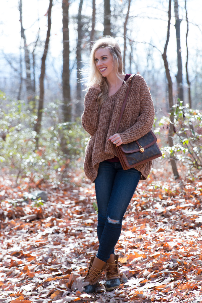 oversized chunky v neck sweater, AG distressed jeans, LL Bean duck boots, Louis  Vuitton vintage bag, duck boots with oversized sweater and skinny jeans -  Meagan's Moda