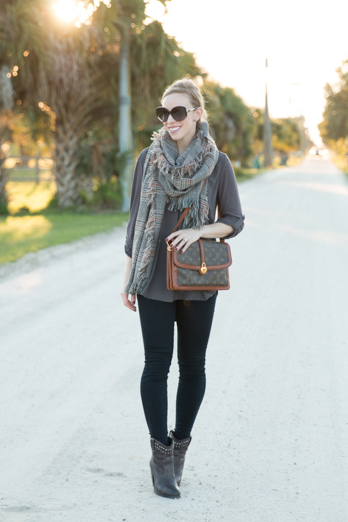 plaid scarf with booties outfit, Frye Jenny cut stud short booties