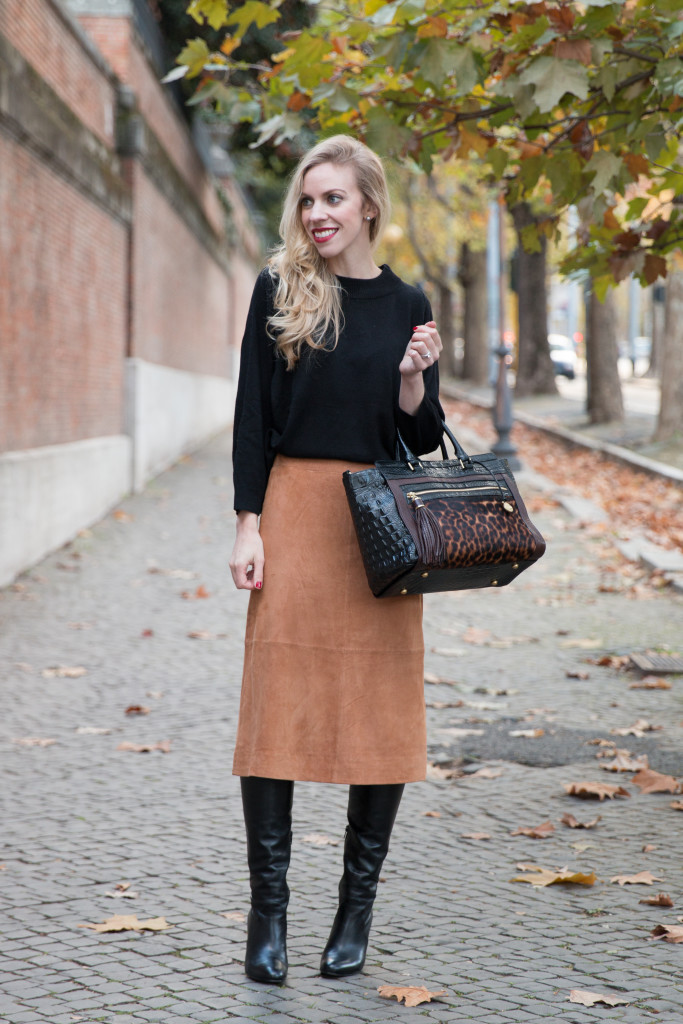 { Suede Skirt: Dolman sweater, Camel midi skirt & Knee high boots ...