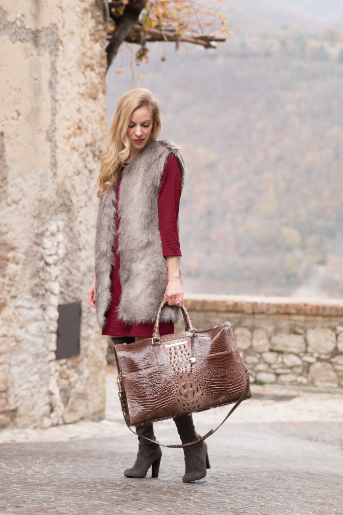 Brahmin anywhere traveler duffel nutmeg melbourne, Ann Taylor gray faux fur  vest over burgundy dress, fur vest with over the knee boots outfit -  Meagan's Moda