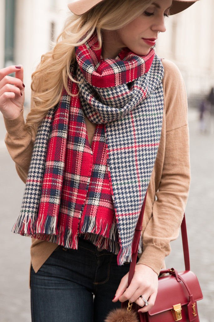 J. Crew camel blazer, deer print shirt, red plaid oversized scarf, holiday  outfit, distressed denim, Frye Reina camel leather western ankle boots, Louis  Vuitton totally MM tote - Meagan's Moda