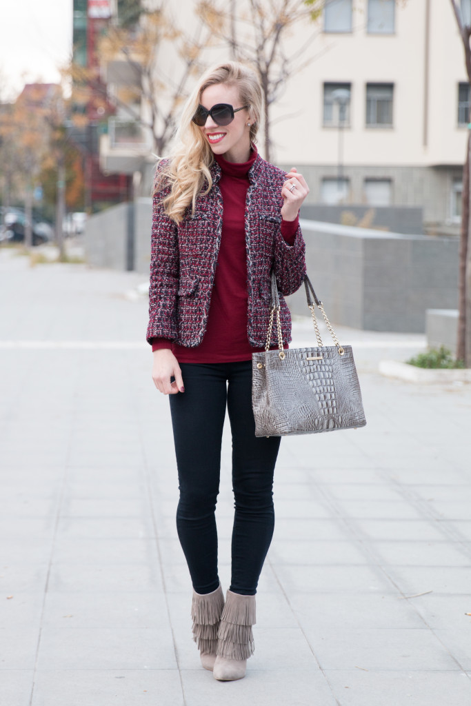 { Fringe & Tweed: Cropped jacket, Red turtleneck & Fringe booties ...