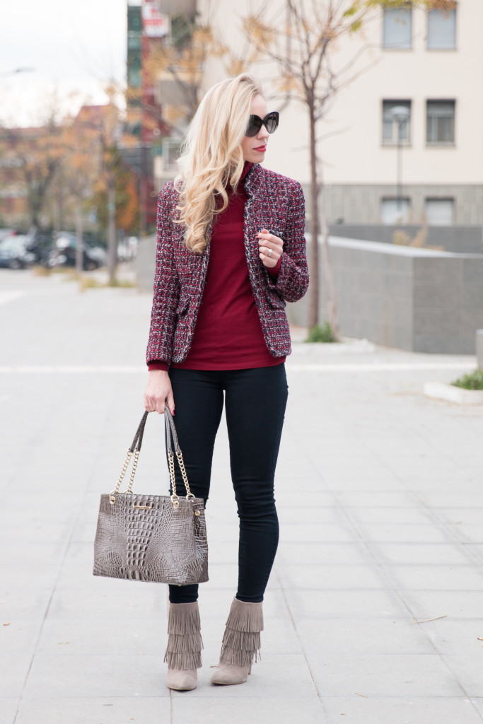 J. Crew tweed jacket, tweed jacket Chanel inspired outfit, how to wear a tweed  jacket and look modern, gray fringe booties, Brahmin Corington tote -  Meagan's Moda