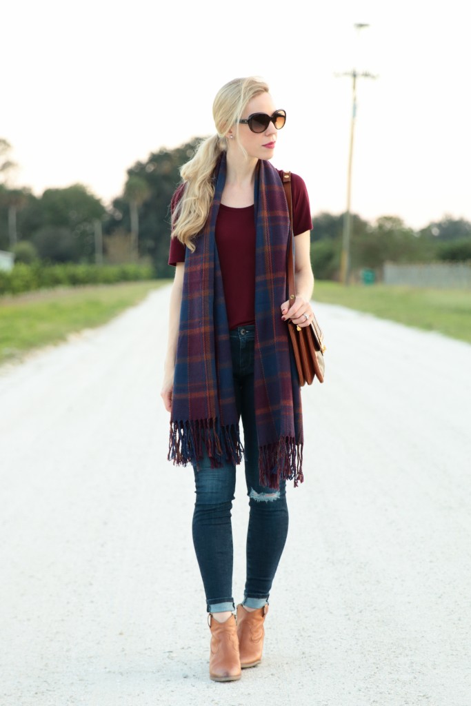 SheIn plaid scarf, AG jeans distressed 