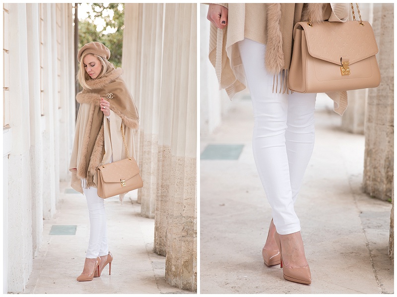 HOSS Intropia beige poncho with white jeans, white jeans and nude Christian  Louboutin pumps, white jeans and camel scarf winter outfit, Louis Vuitton  beige bag - Meagan's Moda