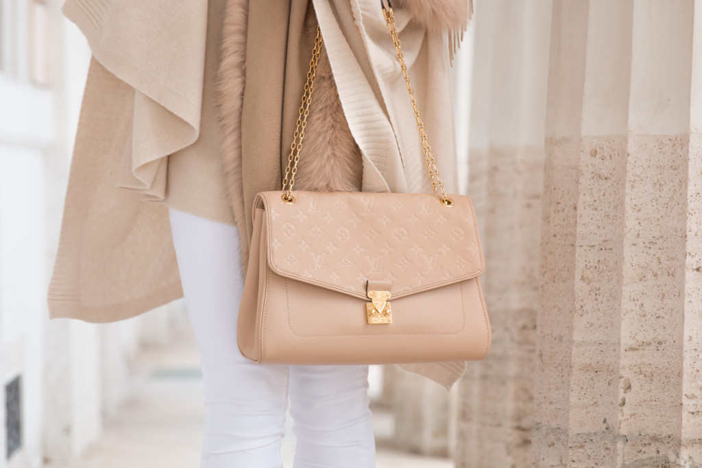 Louis Vuitton St. Germain flap bag dune leather, beige Louis Vuitton bag,  winter white neutral outfit with camel scarf - Meagan's Moda