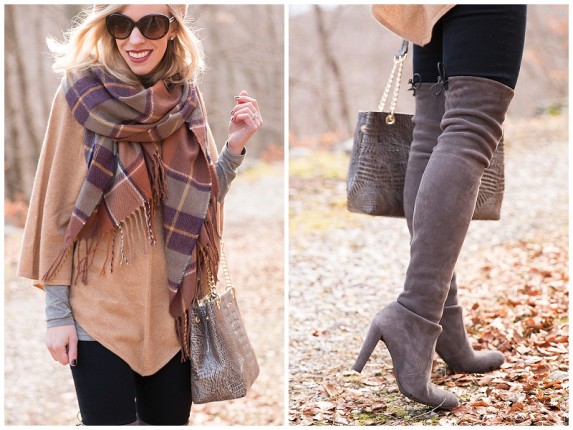 { Earth Tones: Camel poncho, Plaid scarf & Gray boots } - Meagan's Moda
