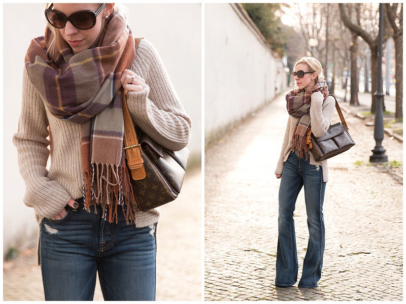 TopShop brown neutral plaid scarf, oversized sweater with flare jeans outfit,  Louis Vuitton vintage monogram bag - Meagan's Moda