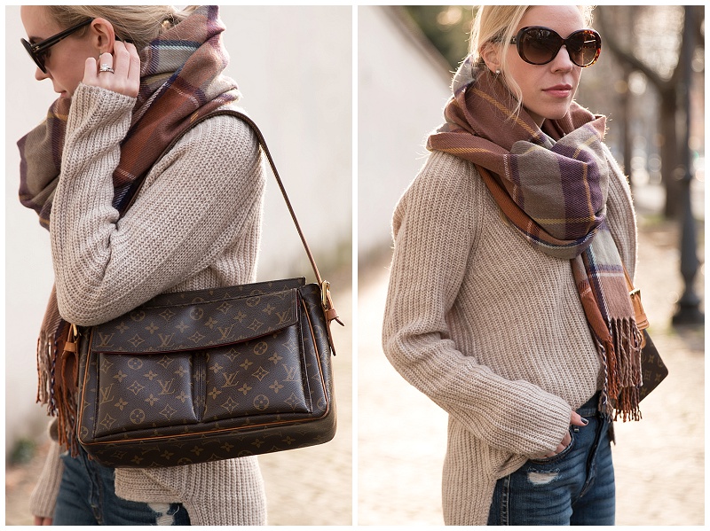vintage Louis Vuitton monogram shoulder bag TopShop brown plaid blanket scarf oversized beige sweater with flare jeans Meagan s Moda