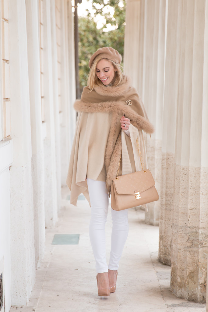 white winter neutrals outfit, Max Mara camel cashmere fox fur wrap, white  jeans with camel scarf, Louis Vuitton St Germain Dune beige bag, white and  camel outfit - Meagan's Moda