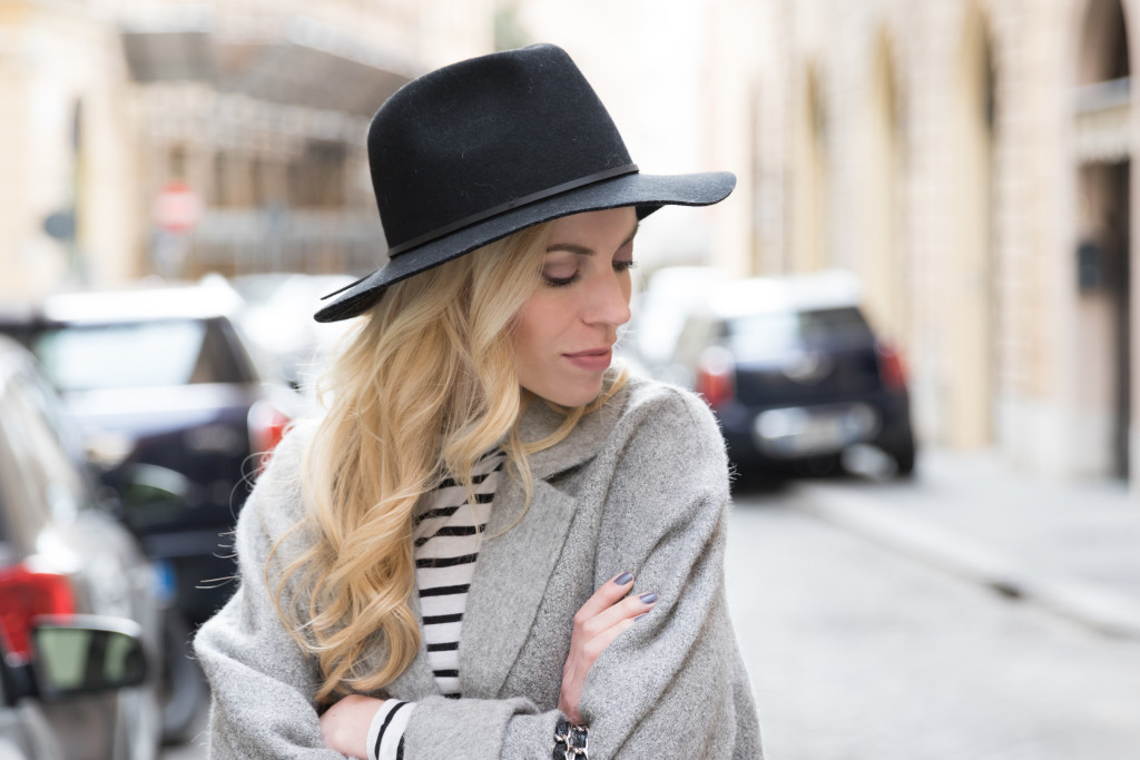 Brixton black wool fedora hat, black and white striped turtleneck with  fedora outfit - Meagan's Moda