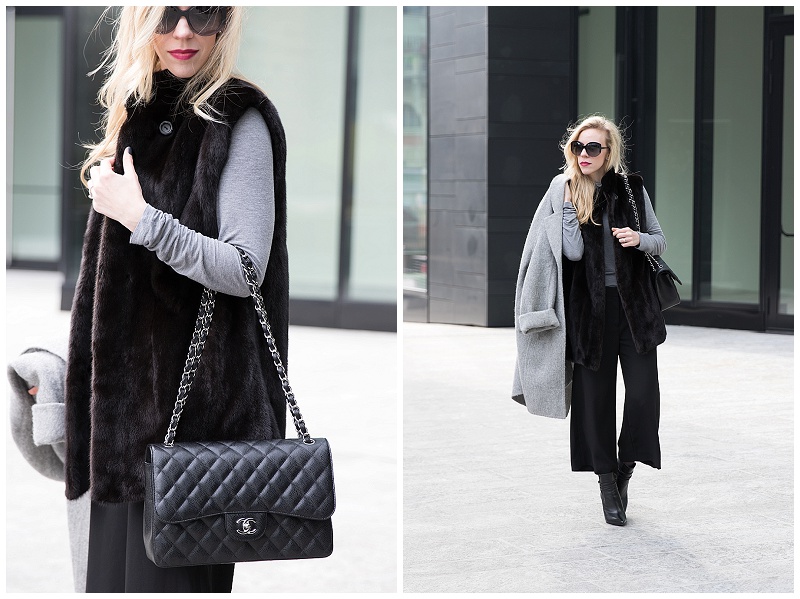 Chanel Jumbo classic flap bag black caviar with silver hardware, black fur  vest, oversized gray coat, how to wear culottes with booties for winter -  Meagan's Moda