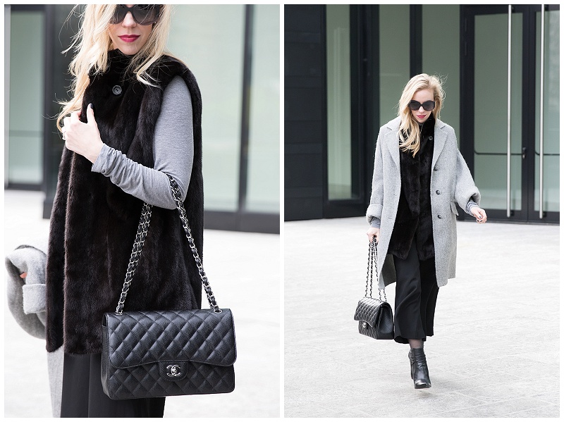 Chanel Jumbo classic flap bag black caviar with silver hardware, black fur  vest, oversized gray coat, how to wear culottes with booties - Meagan's Moda
