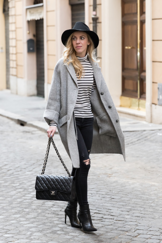 HOSS gray wool oversized coat, oversized gray menswear coat, how to wear  meanswear jacket, black distressed denim with booties, black and white  turtleneck outfit - Meagan's Moda