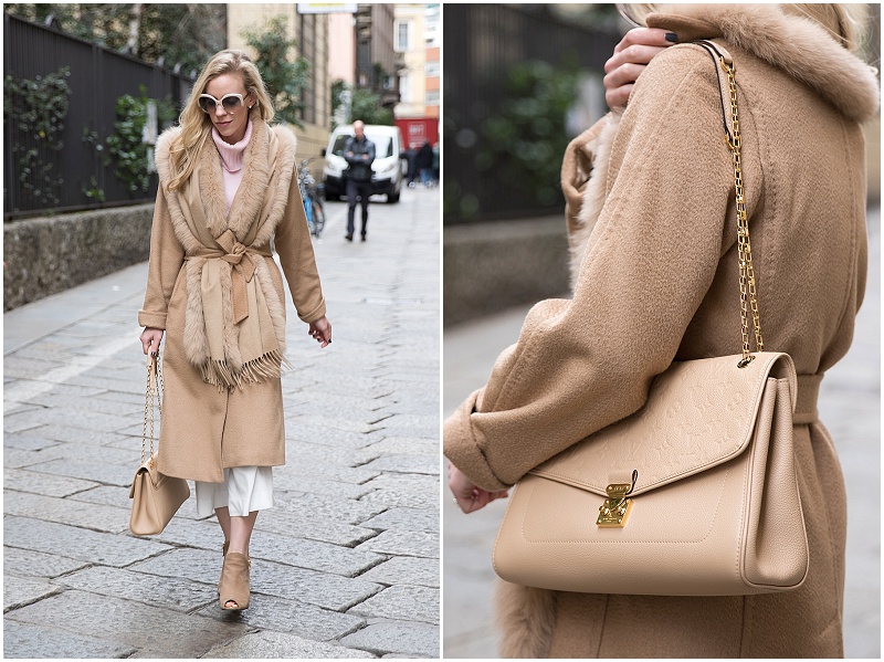 Louis Vuitton Saint Germain bag dune leather, Max Mara camel wrap coat, wrap  coat with culottes outfit, Milan Fashion Week street style AW16 - Meagan's  Moda