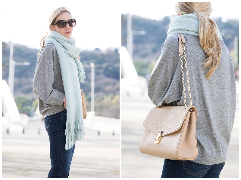 Louis Vuitton beige St Germain bag dune leather, gray dolman sleeve  sweater, oversized mint scarf spring outfit - Meagan's Moda