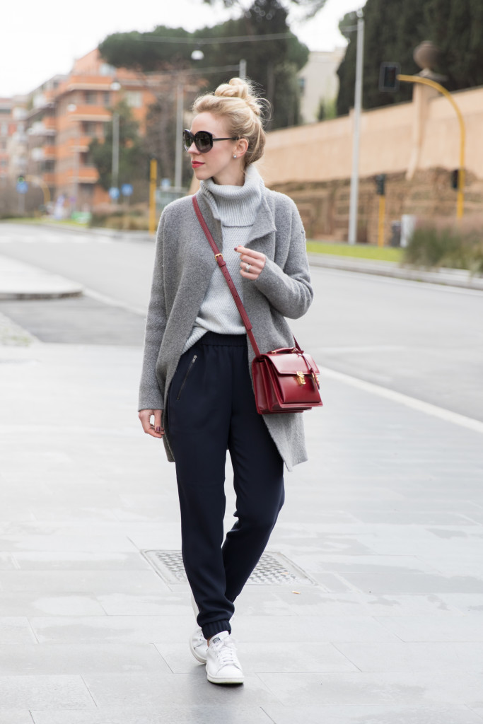 gray sweater coat with tapered pants outfit, J Crew drapey track pants,  sporty style with Stan Smith sneakers, YSL High School red handbag -  Meagan's Moda