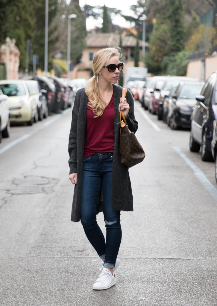 long cardigan with tee and distressed denim, Louis Vuitton totally MM tote,  long maxi cardigan outfit with Adidas Stan Smith sneakers and ripped jeans  - Meagan's Moda