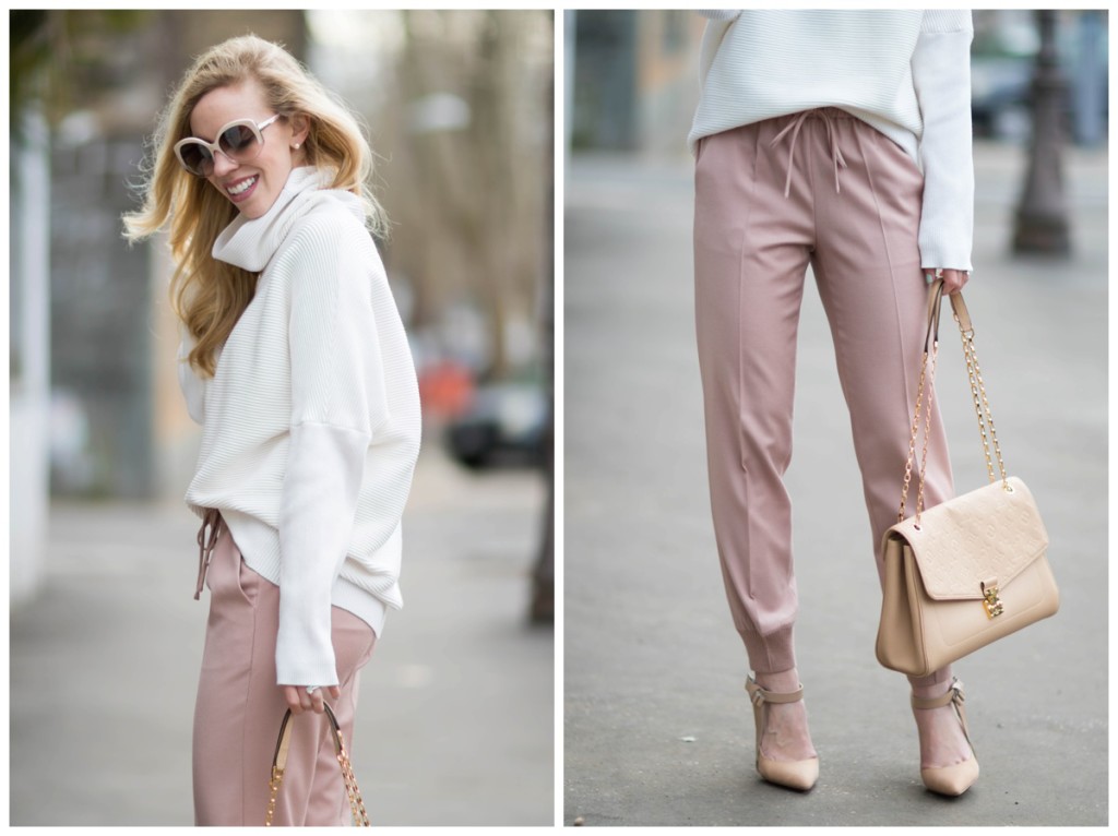 Dior beige Extase sunglasses, J Crew pink pants, Louis Vuitton St. Germain  monogram dune leather bag, how to wear slouchy turtleneck with track pants  - Meagan's Moda