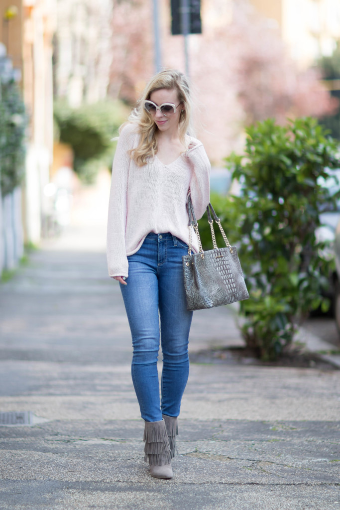 Fringe & Tweed: Cropped jacket, Red turtleneck & Fringe booties } -  Meagan's Moda