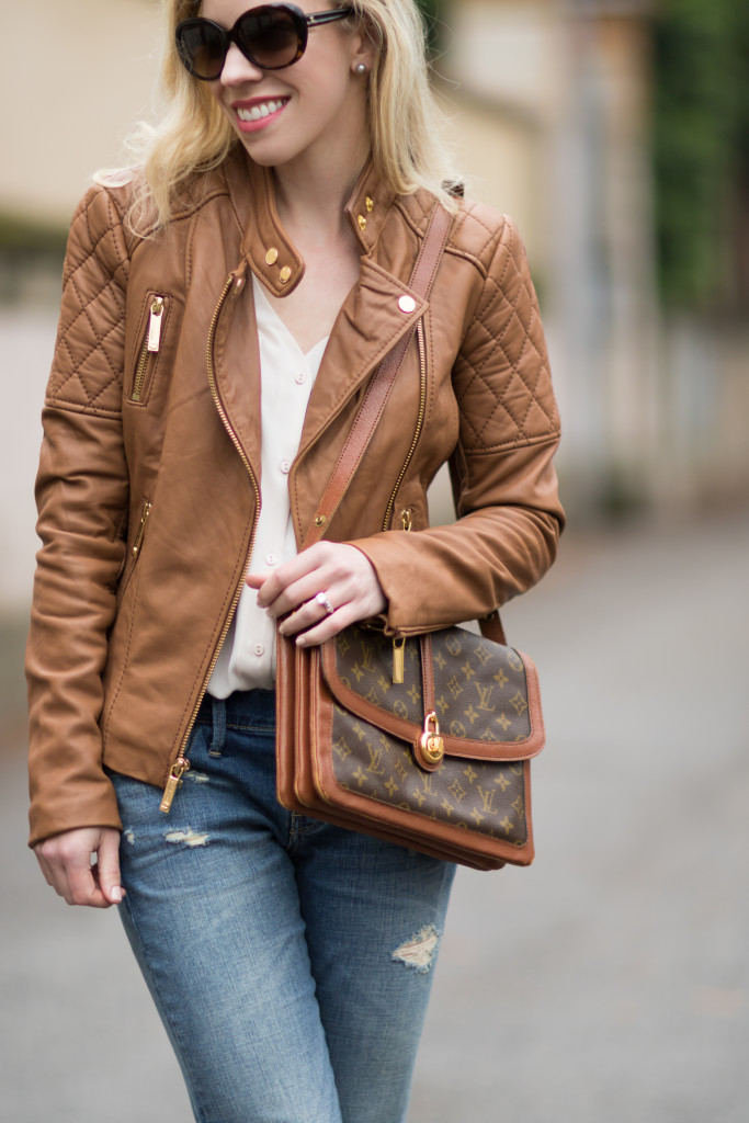 Michael Kors camel leather jacket with blush pink blouse, vintage