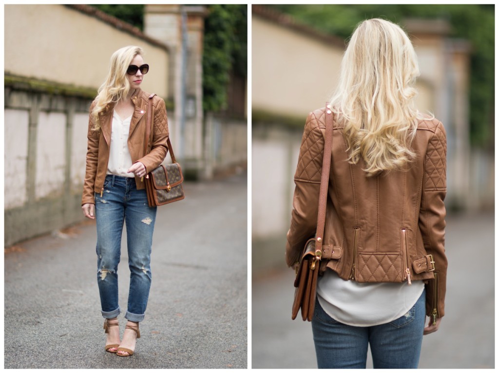 Michael Kors camel tan leather jacket, distressed boyfriend jeans, leather  jacket with boyfriend jeans and lace up sandals outfit - Meagan's Moda