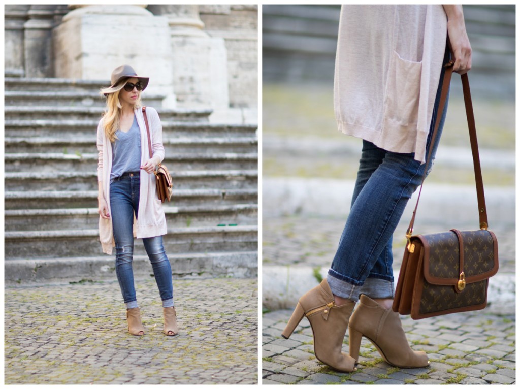 Stuart Weitzman Jump tan suede booties, vintage Louis Vuitton Passy bag,  long beige cardigan, high waist ankle jeans with booties, long cardigan  spring outfit - Meagan's Moda