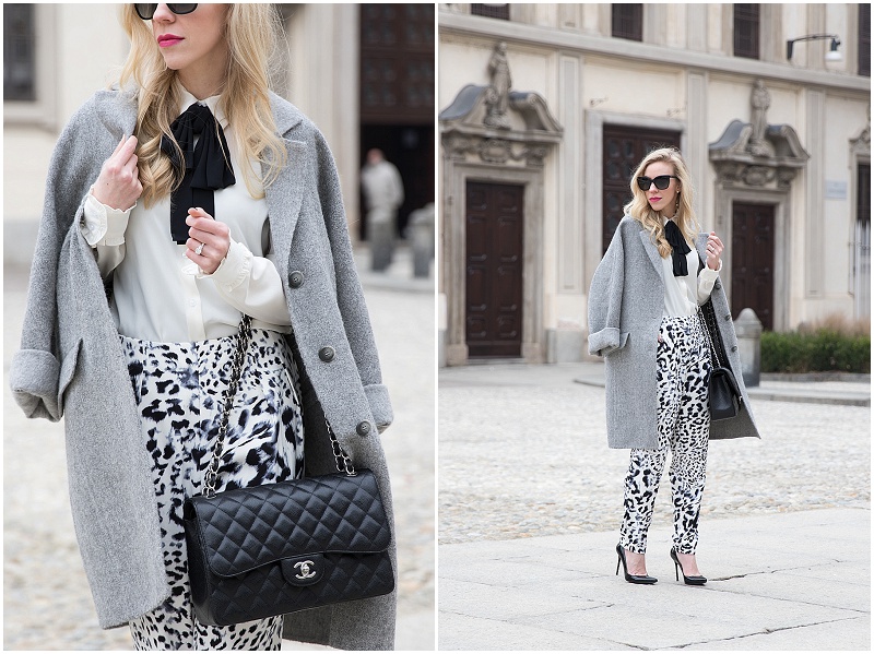 black and white bow blouse, oversized gray coat, leopard print high waist  pants, Chanel Jumbo classic flap bag, Milan Fashion Week AW16 street style  - Meagan's Moda