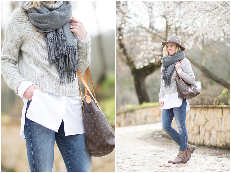 cropped chunky sweater worn over white button down tunic shirt, Louis  Vuitton totally MM tote, how to layer a cropped boxy sweater outfit -  Meagan's Moda