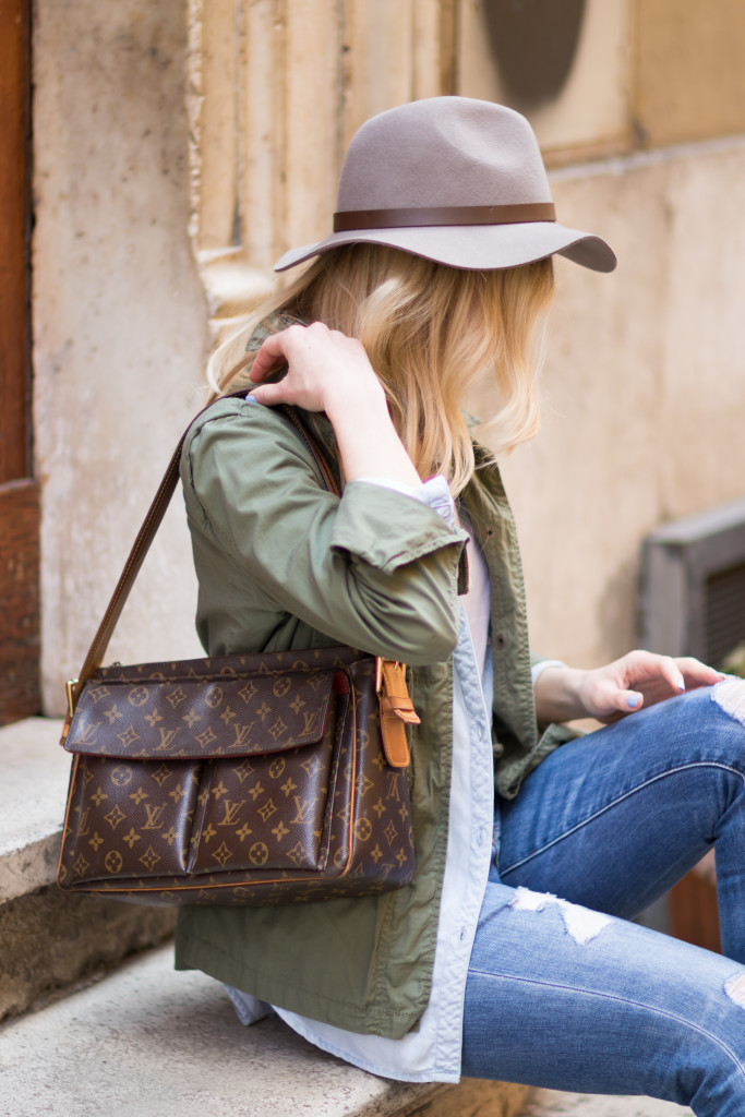 utility jacket with chambray denim shirt, H&M gray fedora, Louis