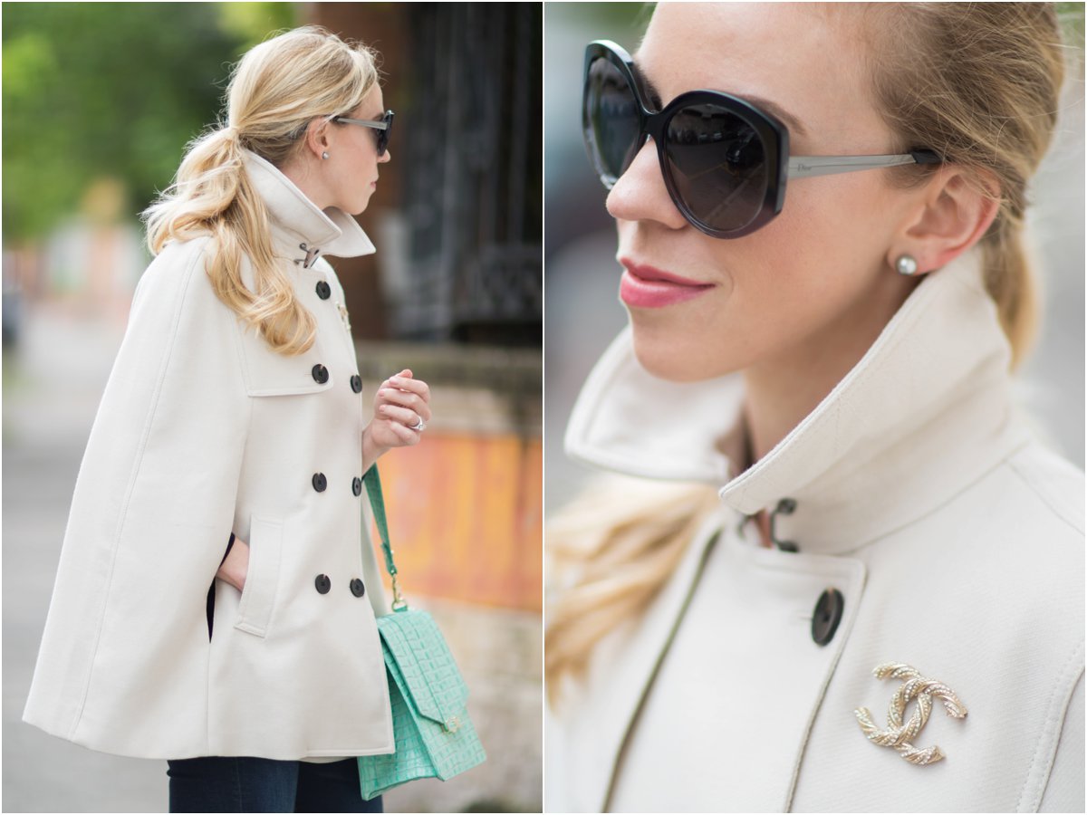 Ann Taylor trench cape, trench coat with Chanel pin, Dior Extase