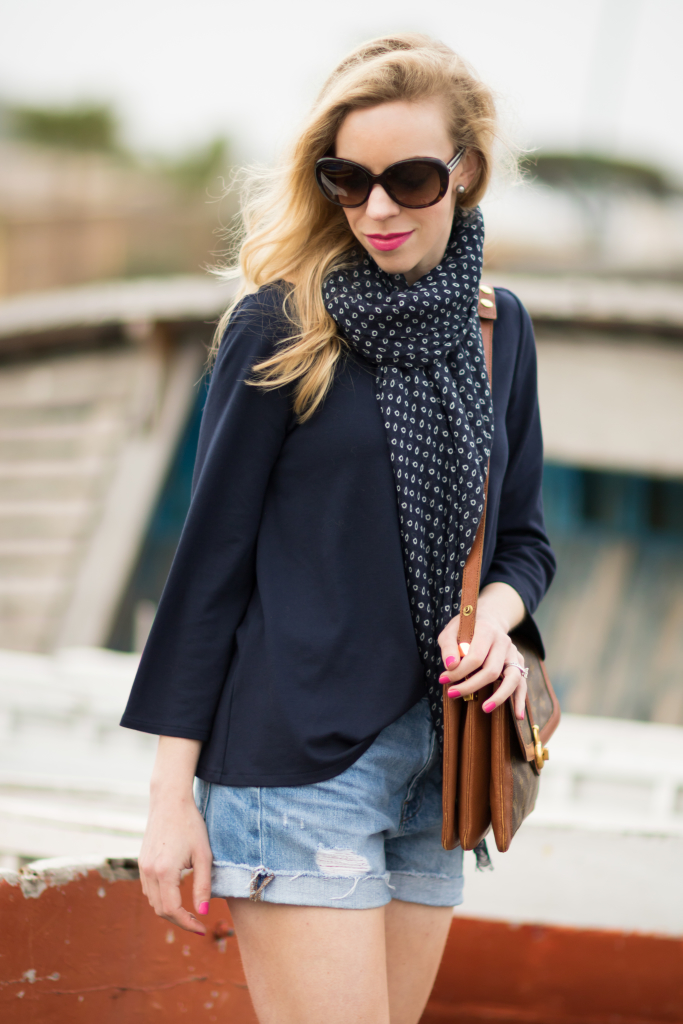 LOFT navy blue bell sleeve top navy printed scarf J Crew