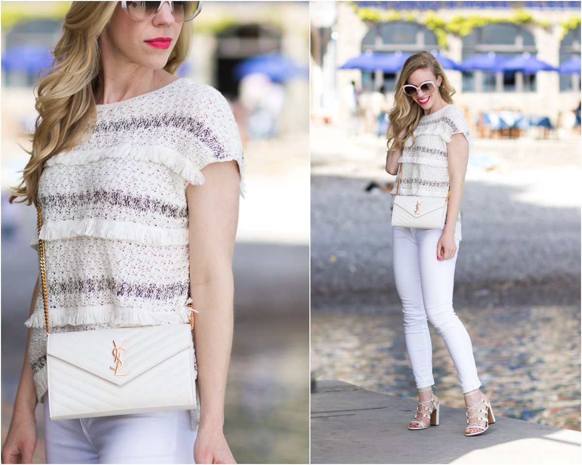 Express white off the shoulder top, Saint Laurent white chain wallet  monogram clutch, Dior beige Extase sunglasses, off the shoulder top with  high waist jeans outfit - Meagan's Moda