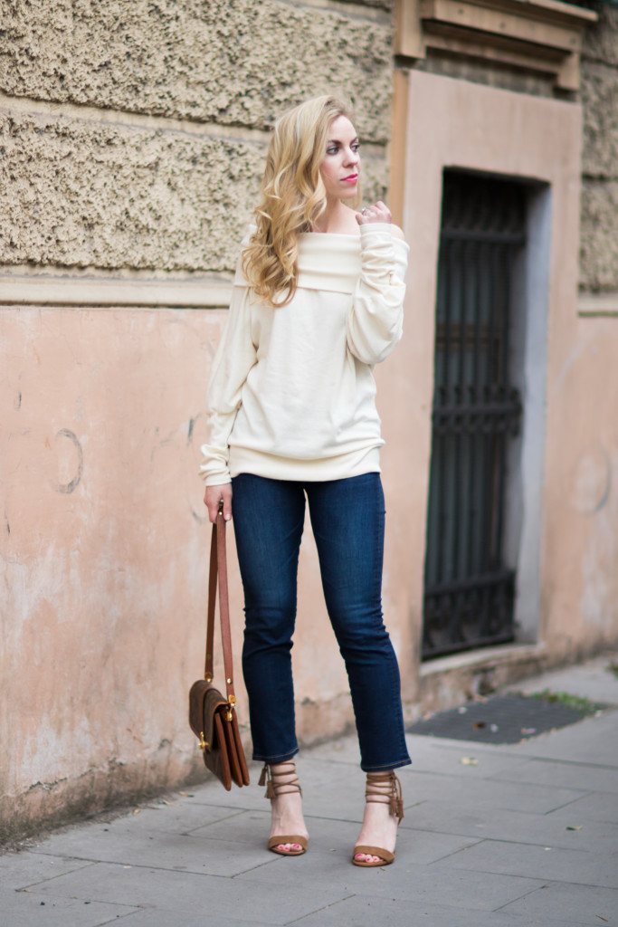 SheIn off the shoulder top, off the shoulder top with kick crop flare  jeans, Ann Taylor tassel lace up sandals, vintage Louis Vuitton Passy bag -  Meagan's Moda