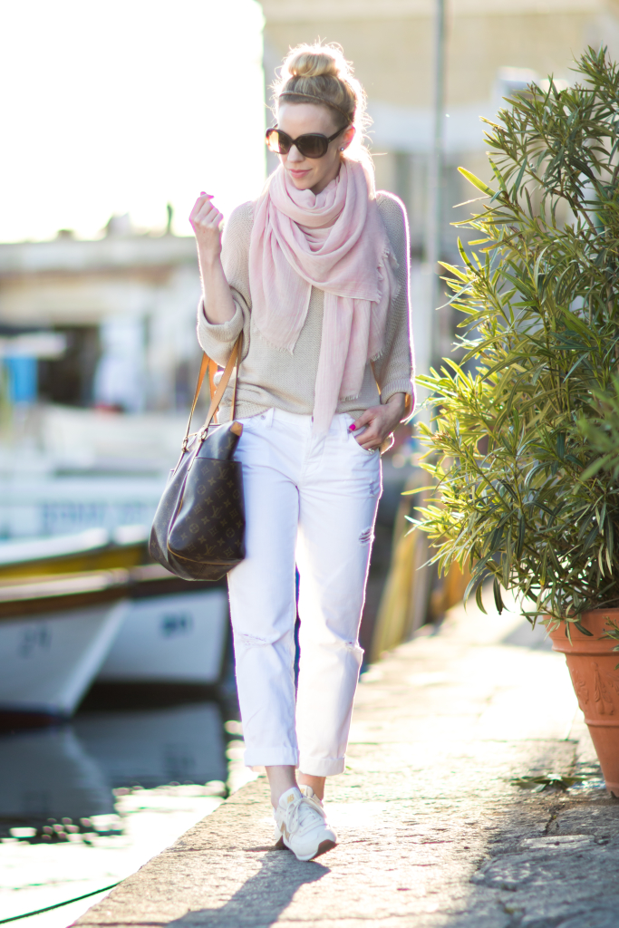 blush pink scarf with beige sweater outfit, white boyfriend jeans, how to  wear pink and white for spring, gold New Balance sneakers outfit - Meagan's  Moda