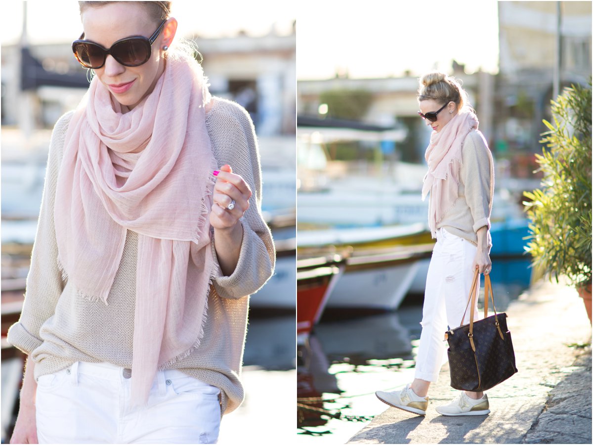 blush pink scarf with tan sweater, white distressed boyfriend