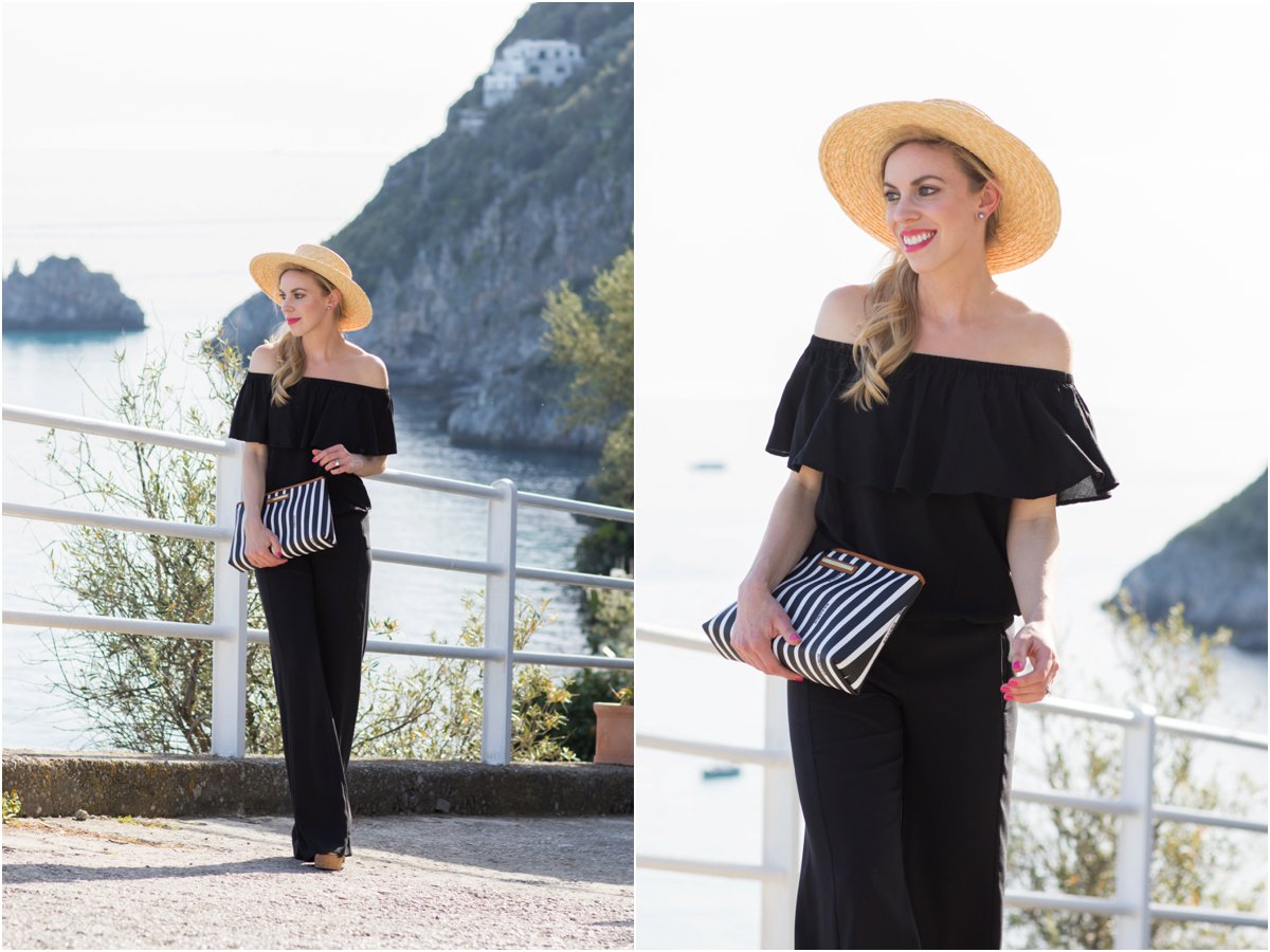 straw boater hat outfit, off the shoulder blouse with wide leg pants outfit,  Brahmin black and white striped clutch - Meagan's Moda