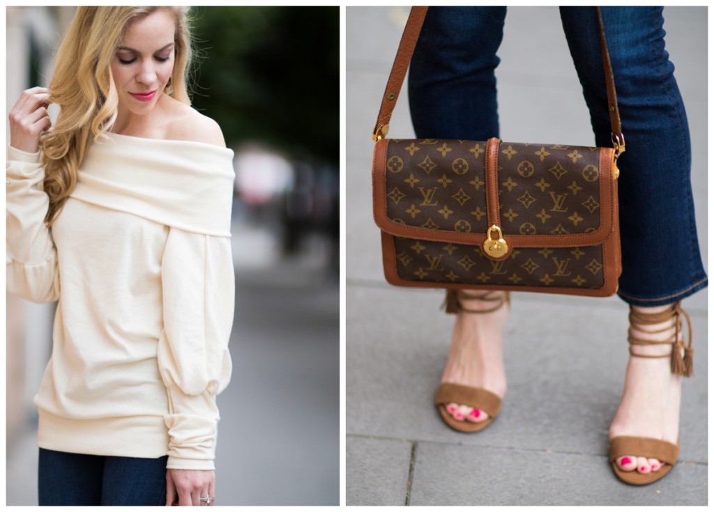 vintage Louis Vuitton Passy bag, Ann Taylor lace up tassel sandals, off the  shoulder top with crop flare jeans outfit - Meagan's Moda