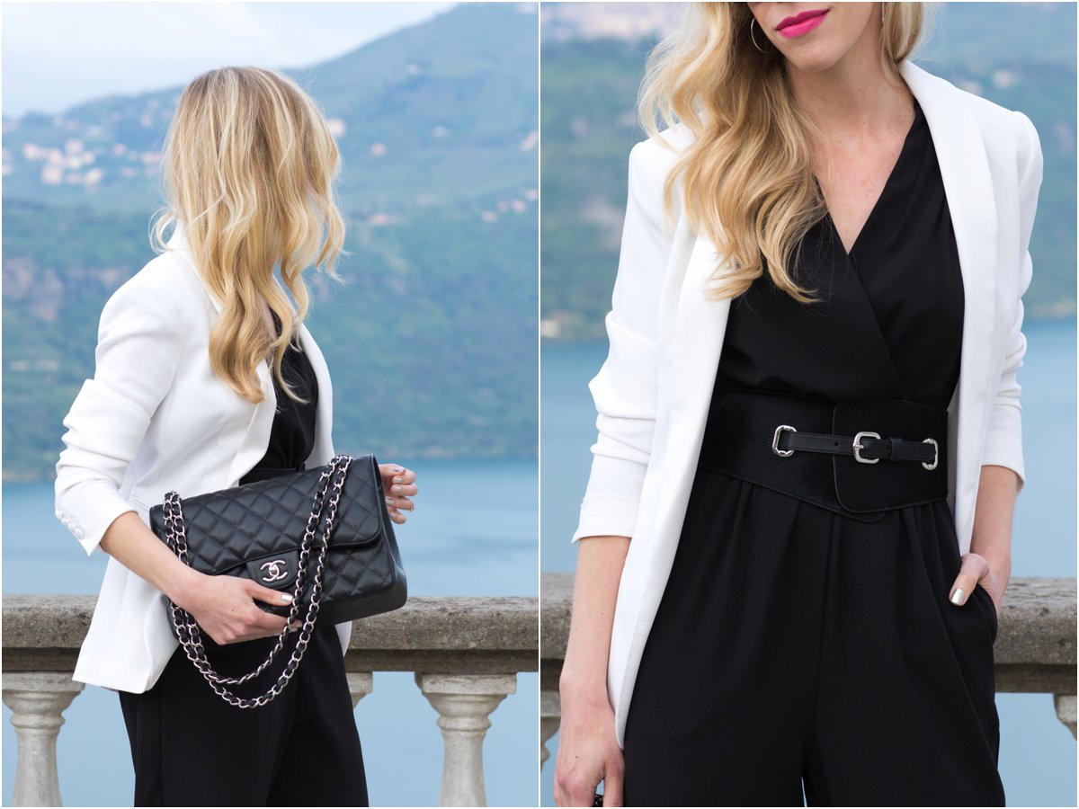 Chanel Jumbo classic flap bag black caviar leather with silver hardware,  black jumpsuit with wide belt and white blazer - Meagan's Moda
