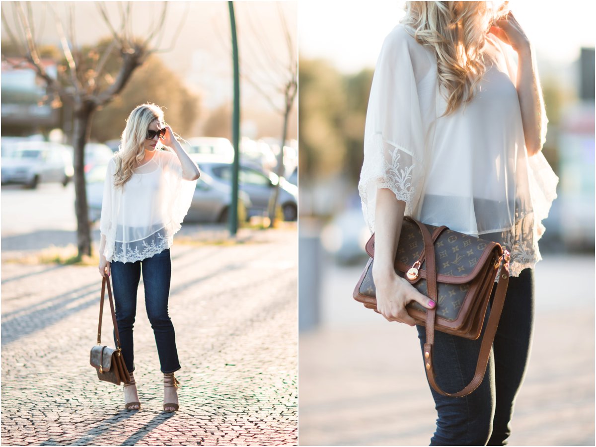 Express lace poncho, vintage Louis Vuitton Passy bag, lace poncho with crop  flare jeans, Ann Taylor suede lace up brown sandals - Meagan's Moda
