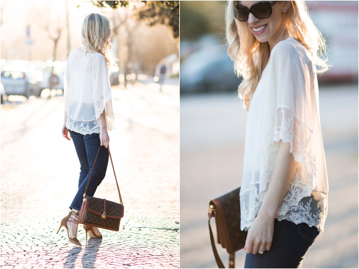 Express lace poncho, vintage Louis Vuitton Passy bag, lace poncho